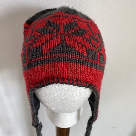 Columbia Ear Flap Hat Red Fair Isle Logo Heat Shield Pom Pom Knit Beanie Cap OS - Picture 2 of 12